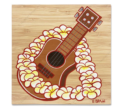 Ukulele - Bamboo wood print of a Hawaiian ukulele framed by a beautiful flower lei by tropical artist Heather Brown