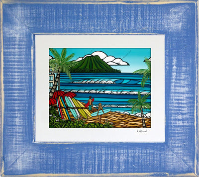 Waikiki Holiday - Matted Prints on Paper with Classic Blue, Reclaimed Wood Frame by Hawaii surf artist Heather Brown