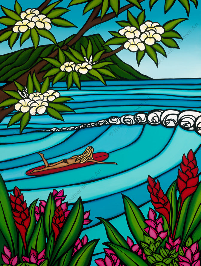Girl surfing Diamond Head surf break in Oahu, painting by Heather Brown