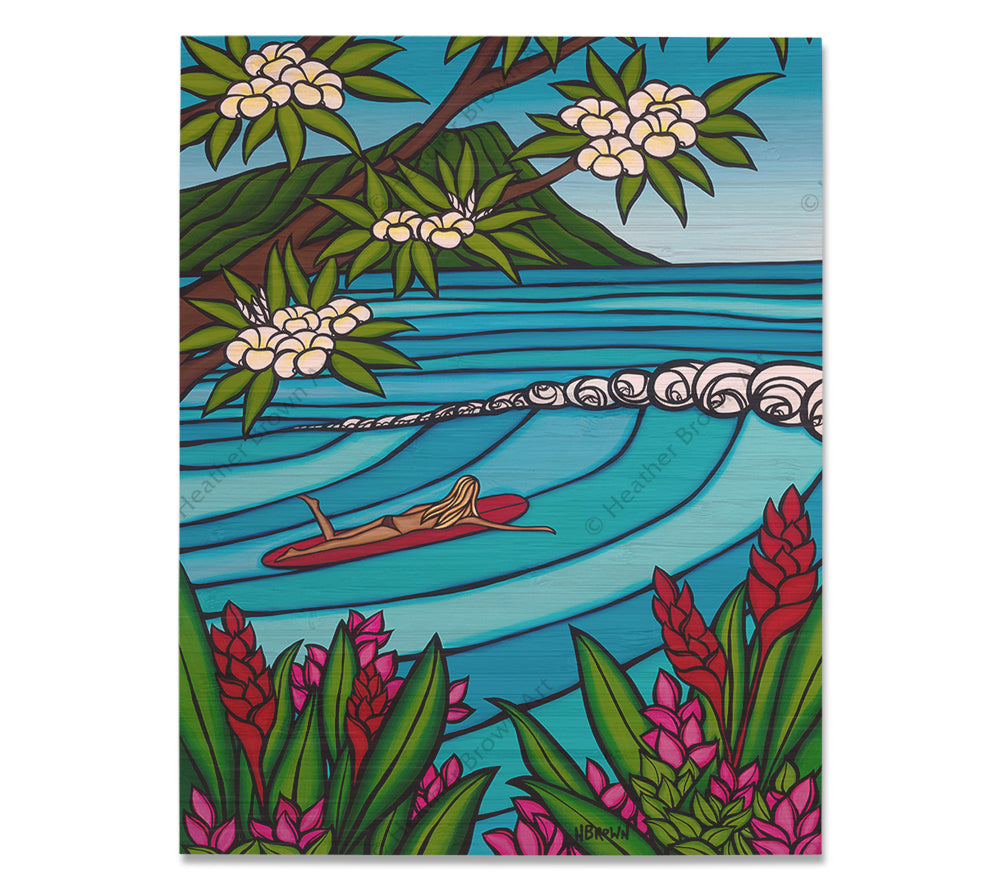 Waikiki Surf Girl - Bamboo wood print of Hawaiian flowers, Diamond Head, and a surfer girl heading out on the gorgeous blue waves by tropical artist Heather Brown