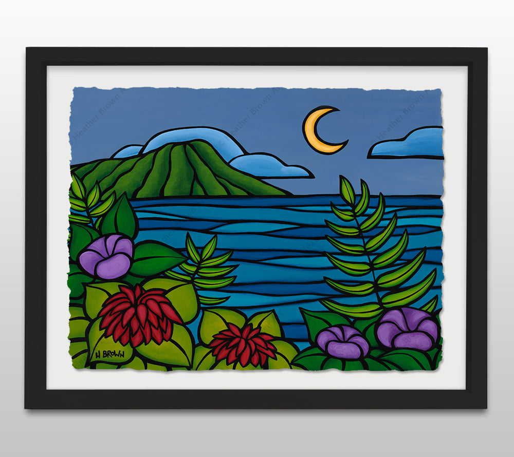 Waikiki Twilight - Black Framed Deckled Paper Print by Heather Brown