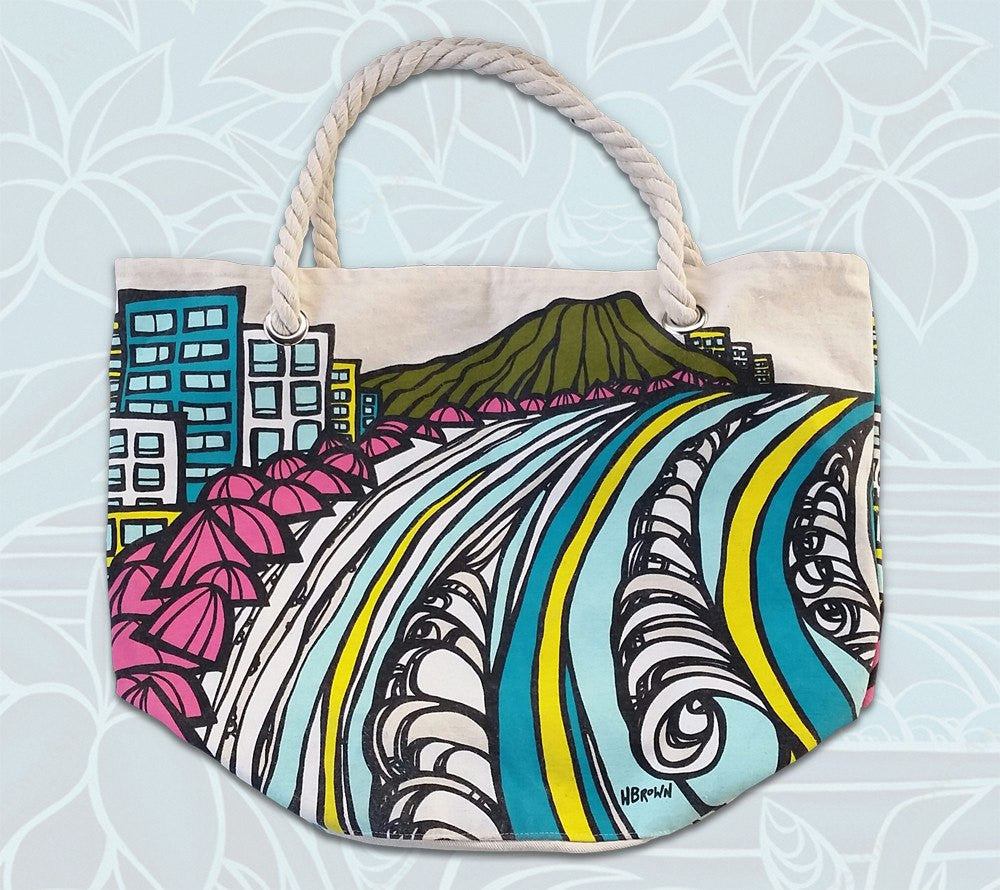"Waikiki Coastline" rope handle canvas tote bag by Heather Brown Art