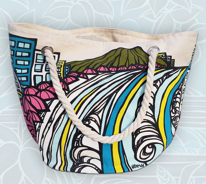 "Waikiki Coastline" rope handle canvas tote bag by Heather Brown Art