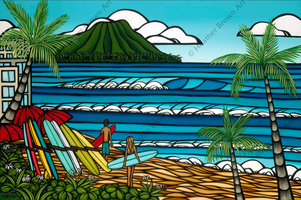 Waikiki Holiday - A surfing couple in front of Diamond Head, Waikiki by Hawaii surf artist Heather Brown