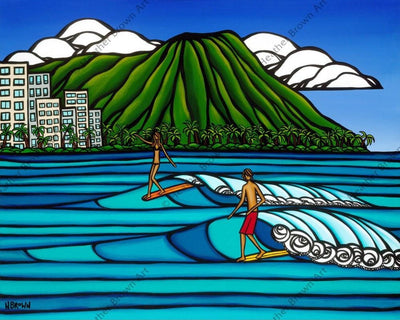 Waikiki Logging - Surf artist Heather Brown rides alongside two surfers riding traditional longboards