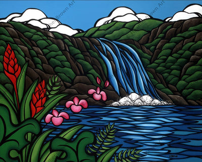 Waimea Falls Painting looking on to a beautiful waterfall and tropical flowers by Hawaii artist Heather Brown