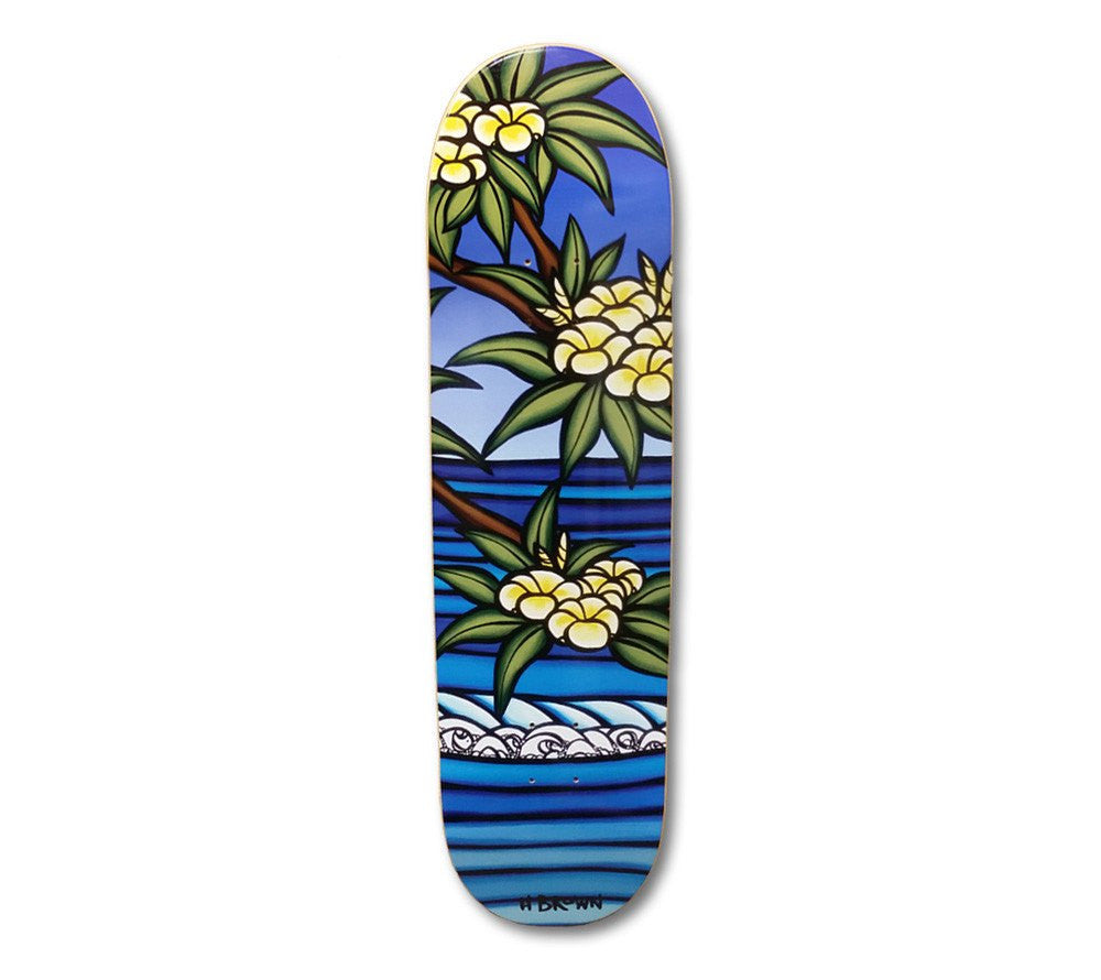 Skateboard with flower and wave art by Heather Brown