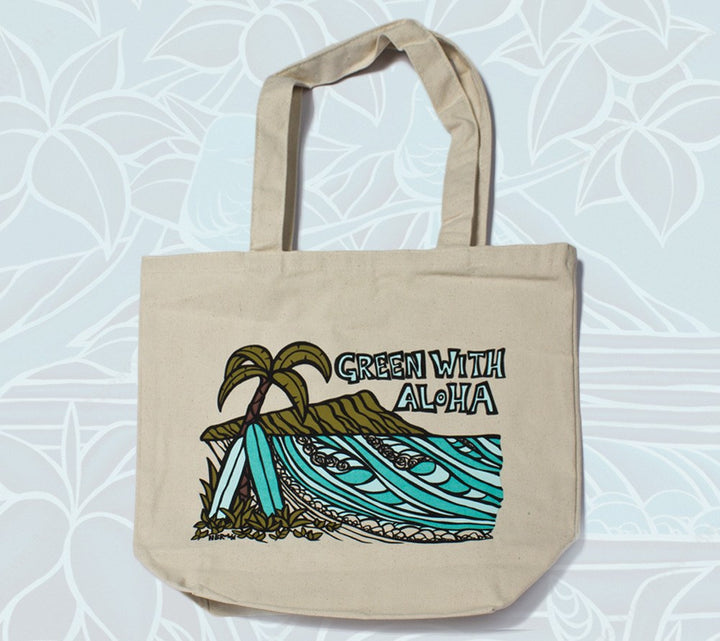 "Diamond Head" Green with Aloha tote bag by Heather Brown Art