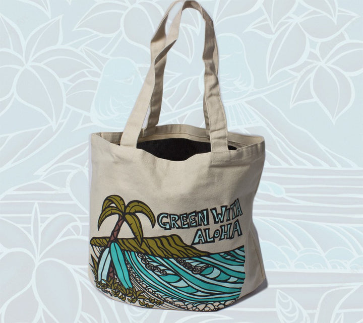 "Diamond Head" Green with Aloha tote bag by Heather Brown Art