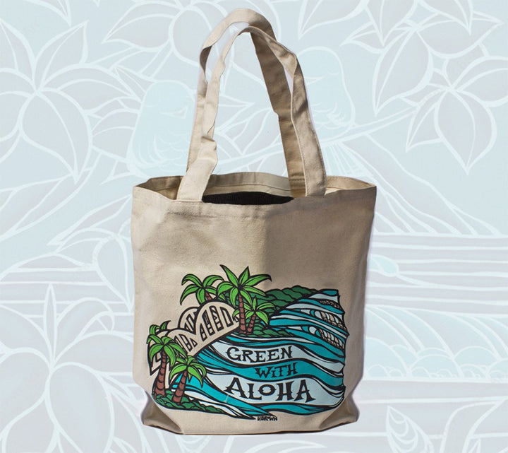 "Haleiwa Bridge" Green with Aloha tote bag by Heather Brown Art