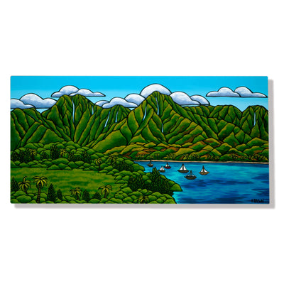 A metal art print featuring a bay with sailboats surrounded by mountains  by Hawaii surf artist Heather Brown