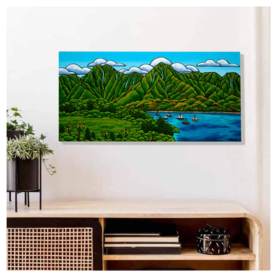 beautiful mountains of Hawaii with waterfalls by Hawaii surf artist Heather Brown
