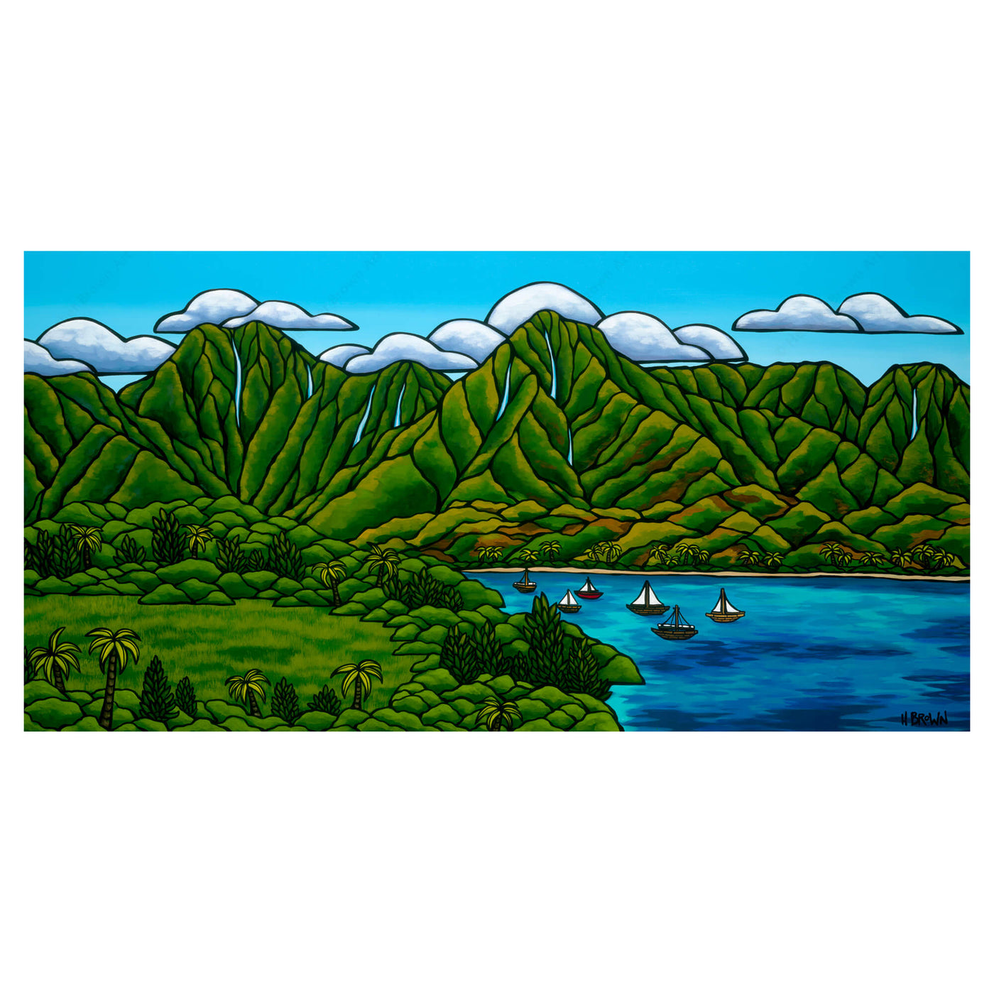 Green seascape with mountains, and sailboats on shore by Hawaii surf artist Heather Brown