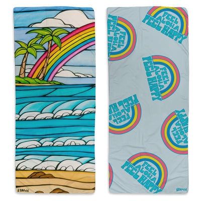 a microfiber towel featuring a vibrant seascape framed by a classic Hawaii rainbow by Hawaii surf artist Heather Brown