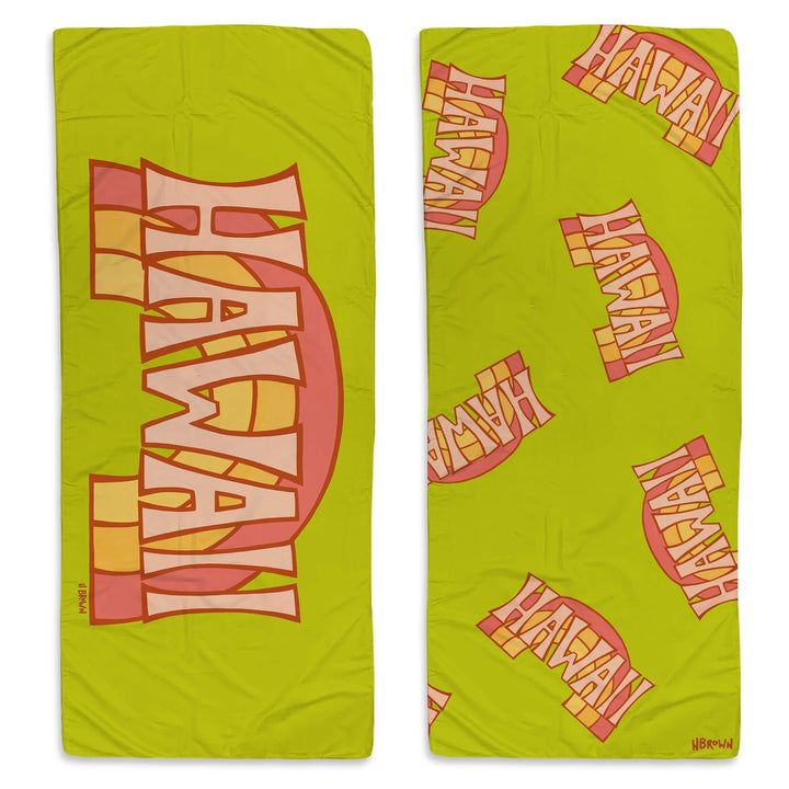 "Hawaii" framed by rainbow in a retro style by Hawaii surf artist Heather Brown