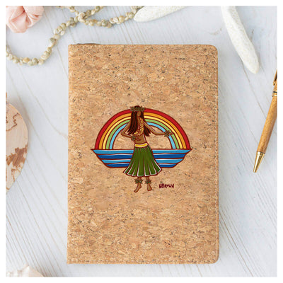 The "Hula" cork journal features full color artwork of a woman dancing the hula framed by a beautiful Hawaiian rainbow from Heather Brown's "Hawaiiana Elements Series"
