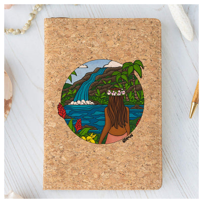This "Island Beauty" cork journal features a local woman enjoying the waterfall view with colorful tropical flowers surrounding her by Hawaii surf artist Heather Brown