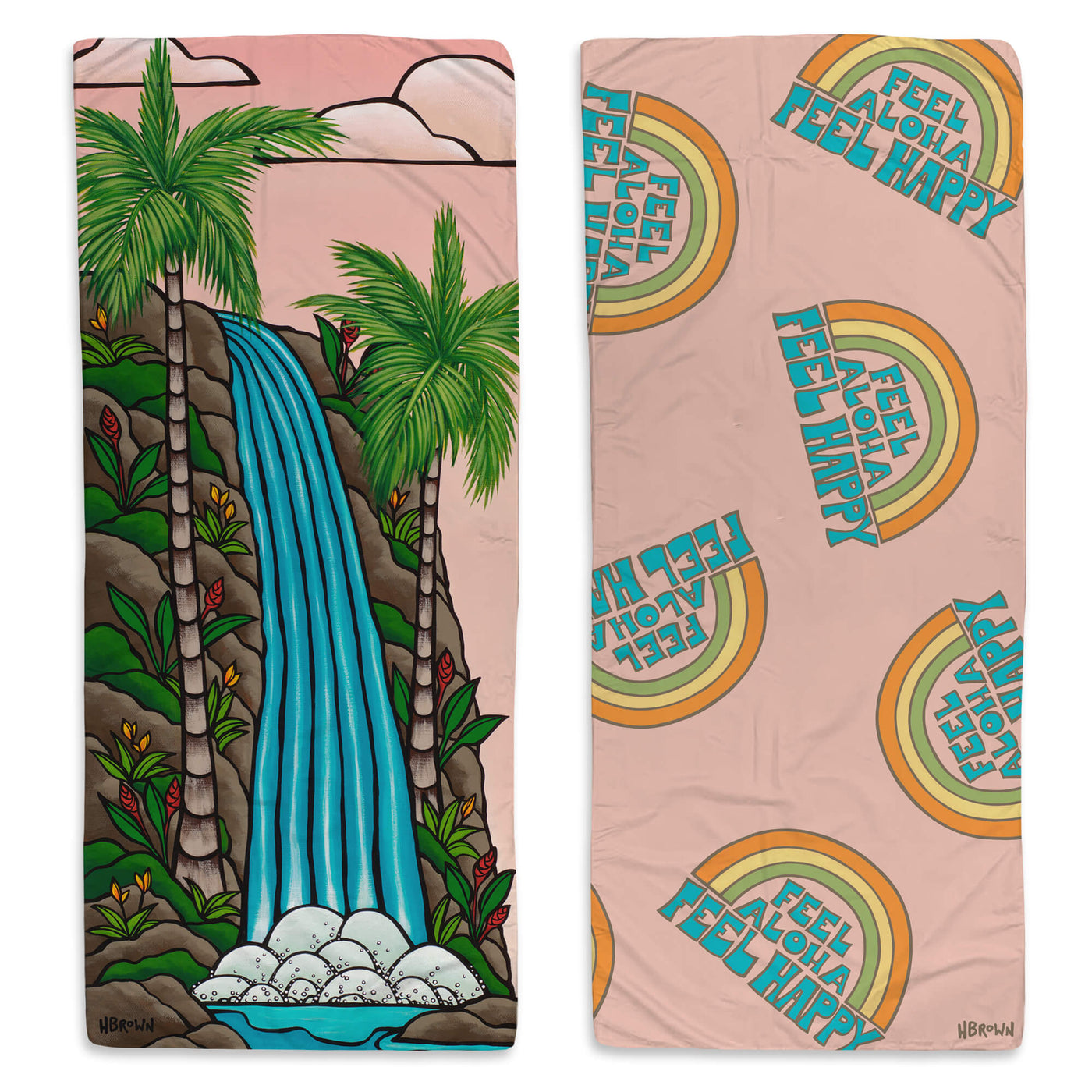 a microfiber towel featuring a waterfall surrounded by colorful flowers and coconut trees by Hawaii surf artist Heather Brown