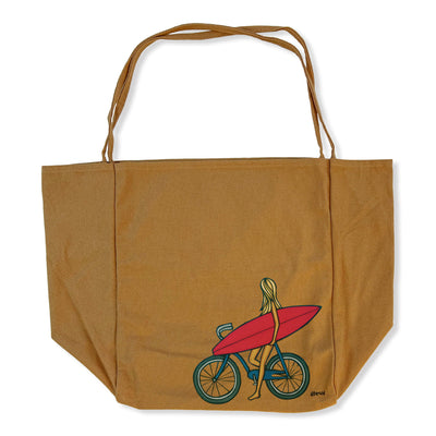 A brown thin handle tote bag featuring a girl heading to the beach for a day of surf and sea by Hawaii surf artist Heather Brown