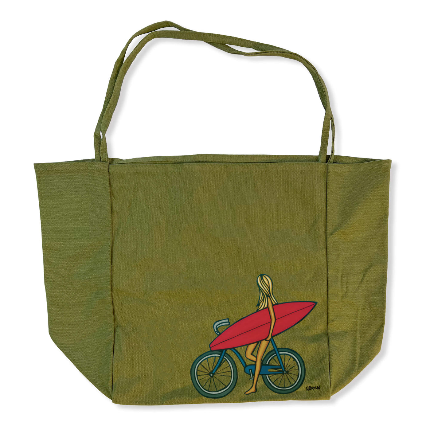 An olive thin handle tote bag featuring a girl heading to the beach for a day of surf and sea by Hawaii surf artist Heather Brown