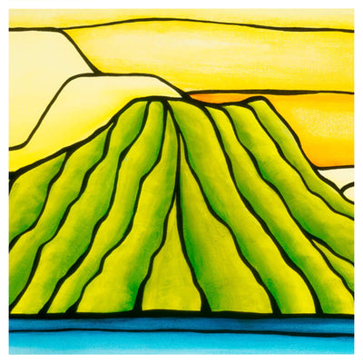 Close up details of artwork Daydreams of Diamond Head by Hawaii surf artist Heather Brown