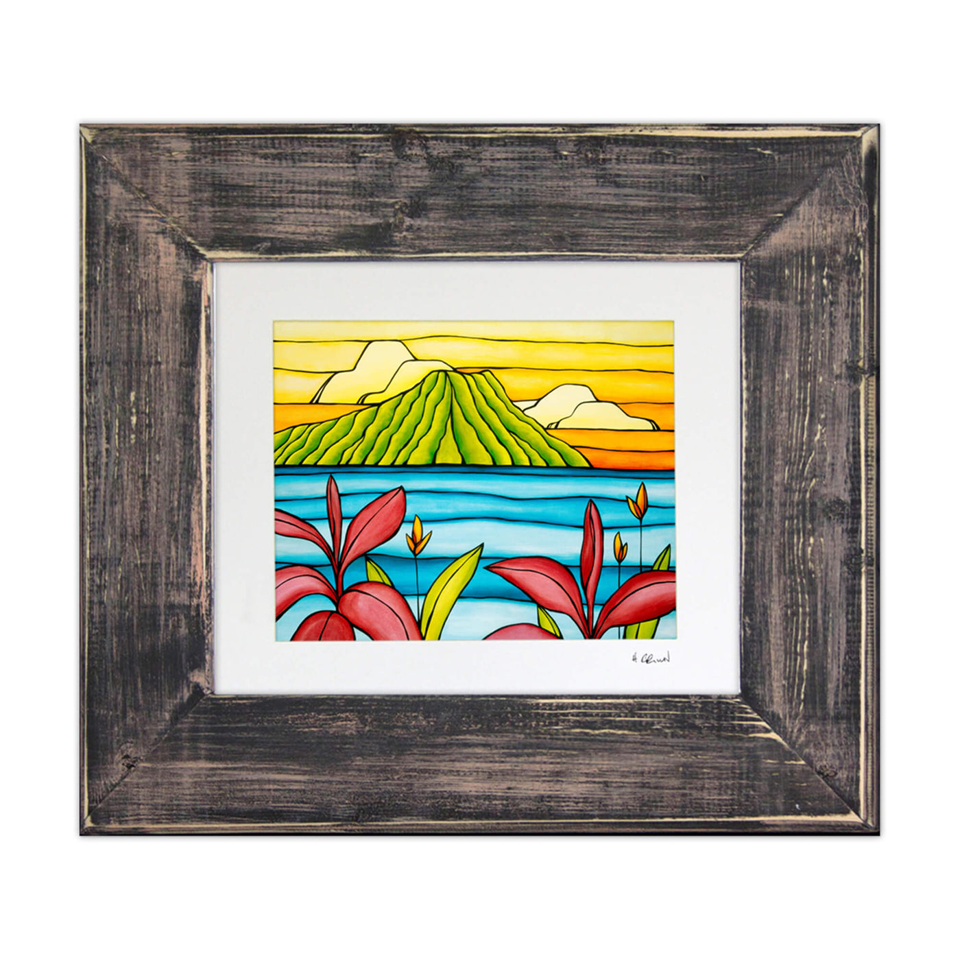 A framed matted art print featuring Diamond Head from a distance of calm waters framed by some beautiful tropical flowers by Hawaii surf artist Heather Brown