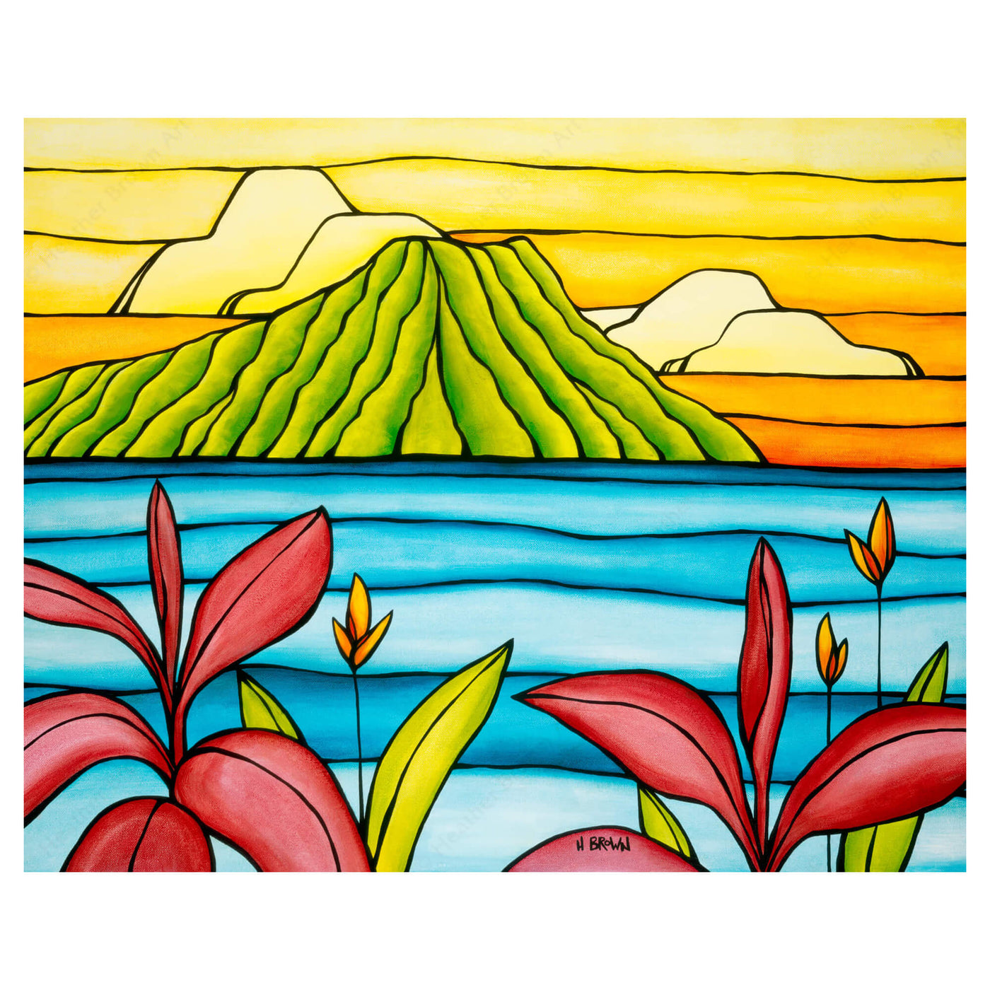 A matted art print featuring Diamond Head from a distance of calm waters framed by some beautiful tropical flowers by Hawaii surf artist Heather Brown