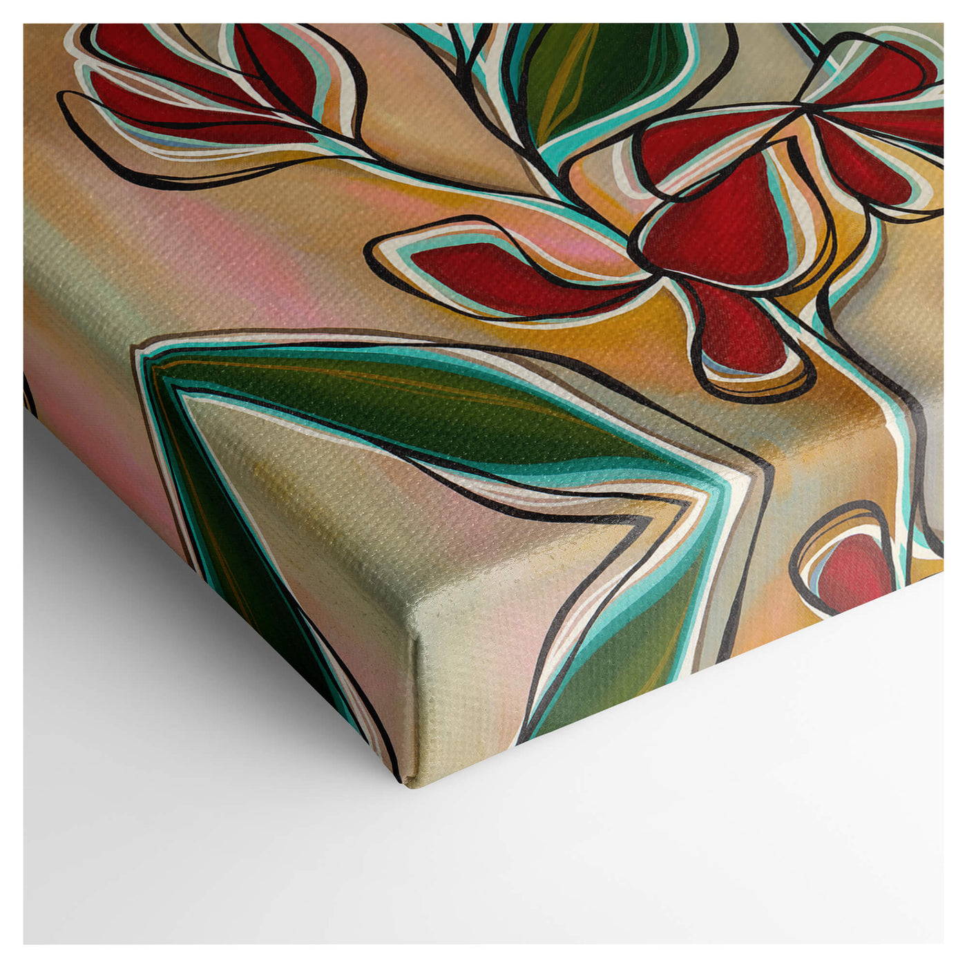 Gallery wrap of a red heliconia artwork by Hawaii surf artist Heather Brown
