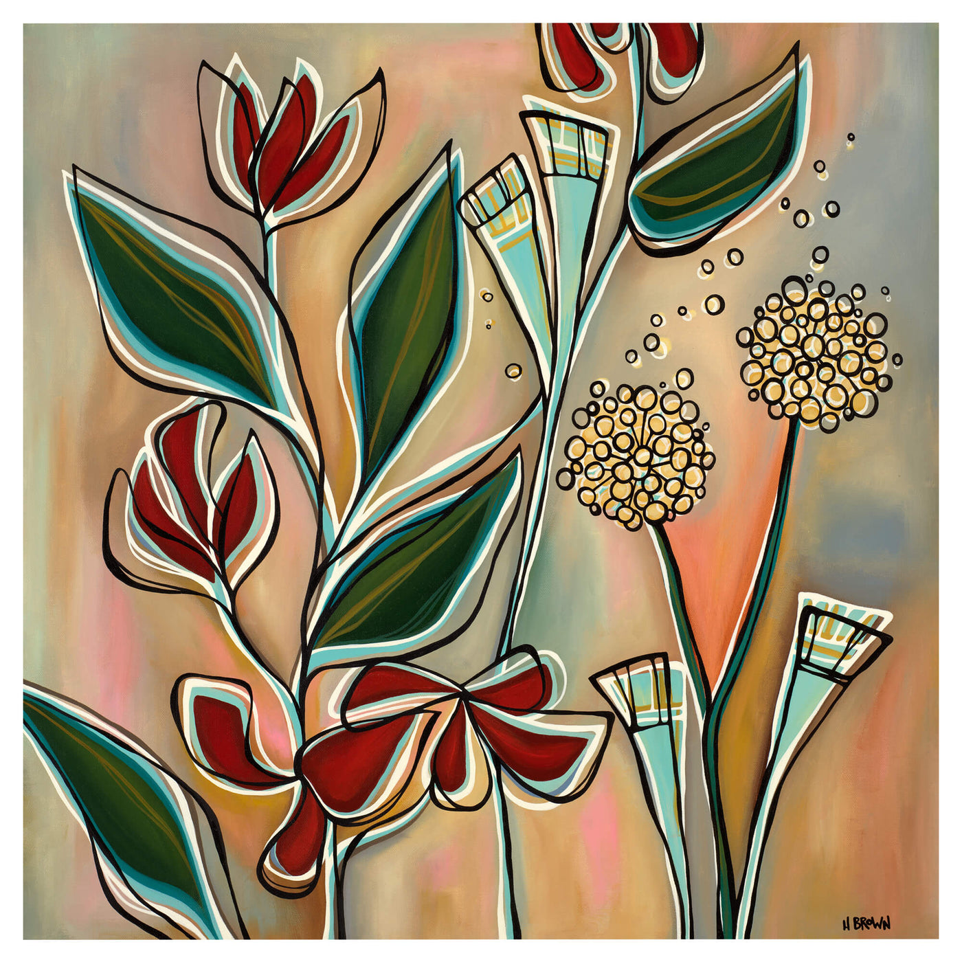A canvas giclée print of heliconia flowers by Hawaii surf artist Heather Brown
