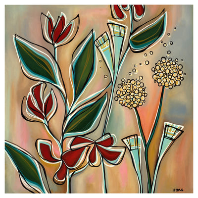 A canvas giclée print of heliconia flowers by Hawaii surf artist Heather Brown