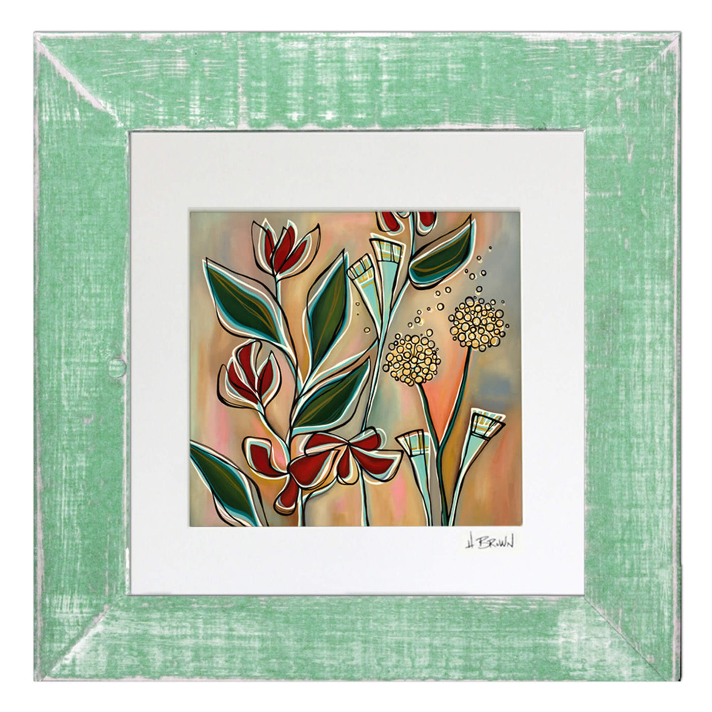 Red heliconia and yellow tropical flowers in mat with classic green frame by Hawaii artist Heather Brown