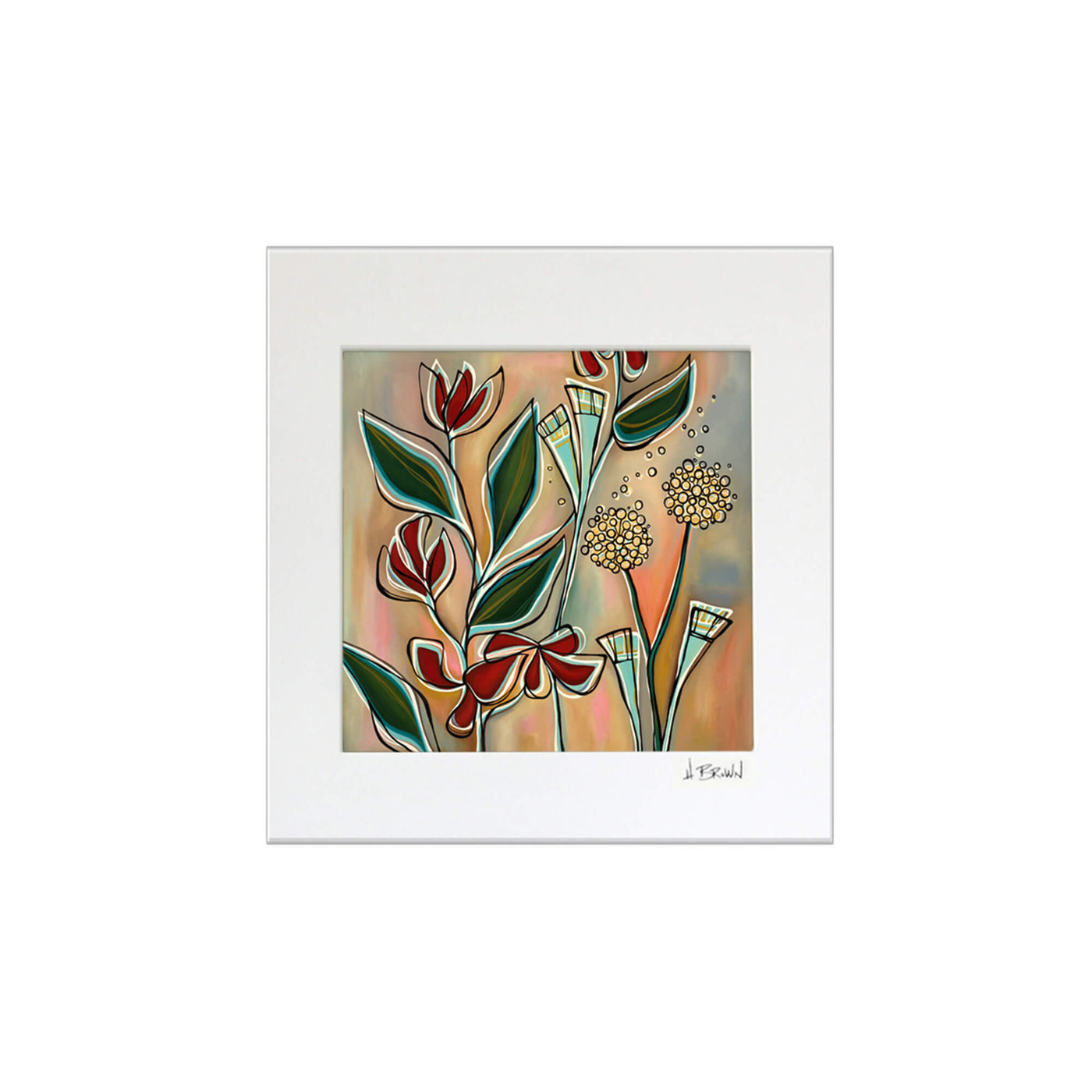 A matted art print of red and yellow tropical flowers by Hawaii surf artist Heather Brown