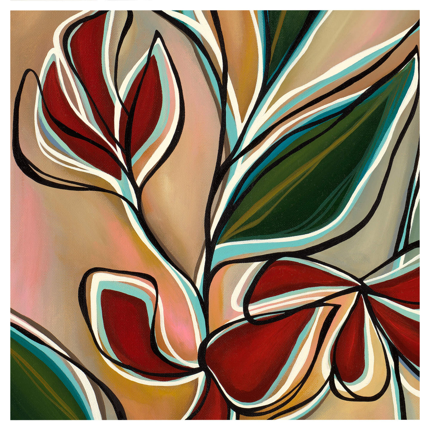 Scarlet red tropical flower and vibrant green leaves by Hawaii artist Heather Brown