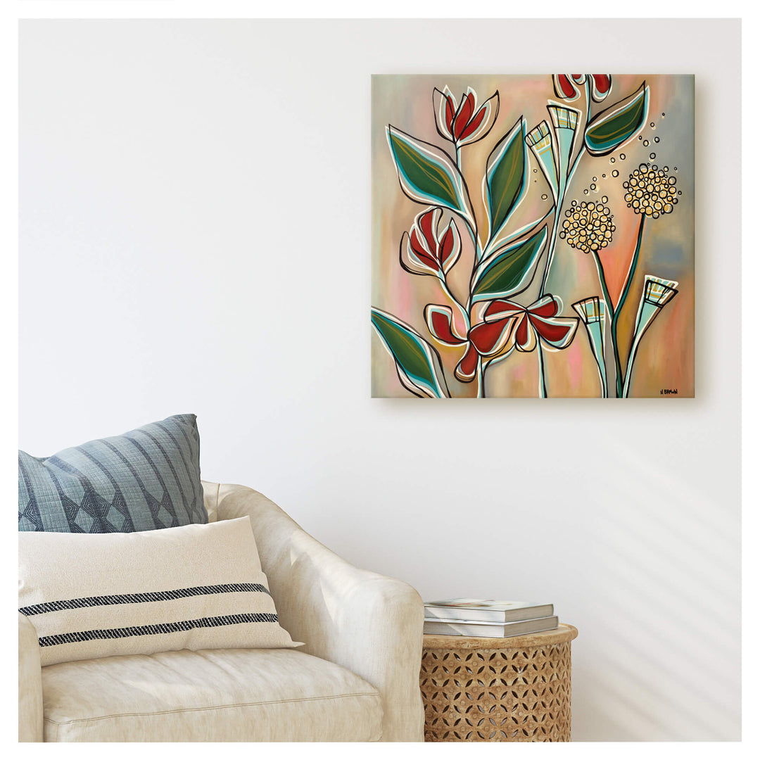 A wall artwork of red heliconia flowers with vintage colored background by Hawaii surf artist Heather Brown