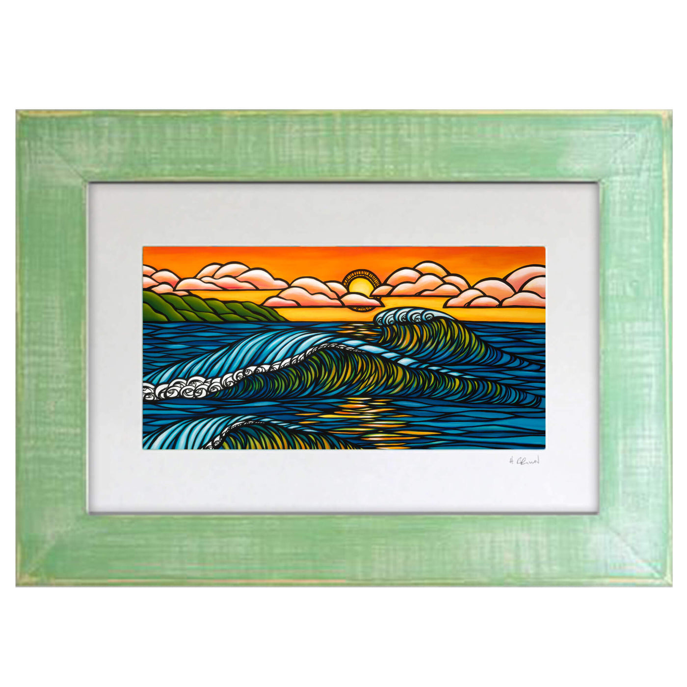 A framed matted art print featuring the sun sinking below the horizon at Haleiwa harbor, illuminating the rolling waves by Hawaii surf artist Heather Brown