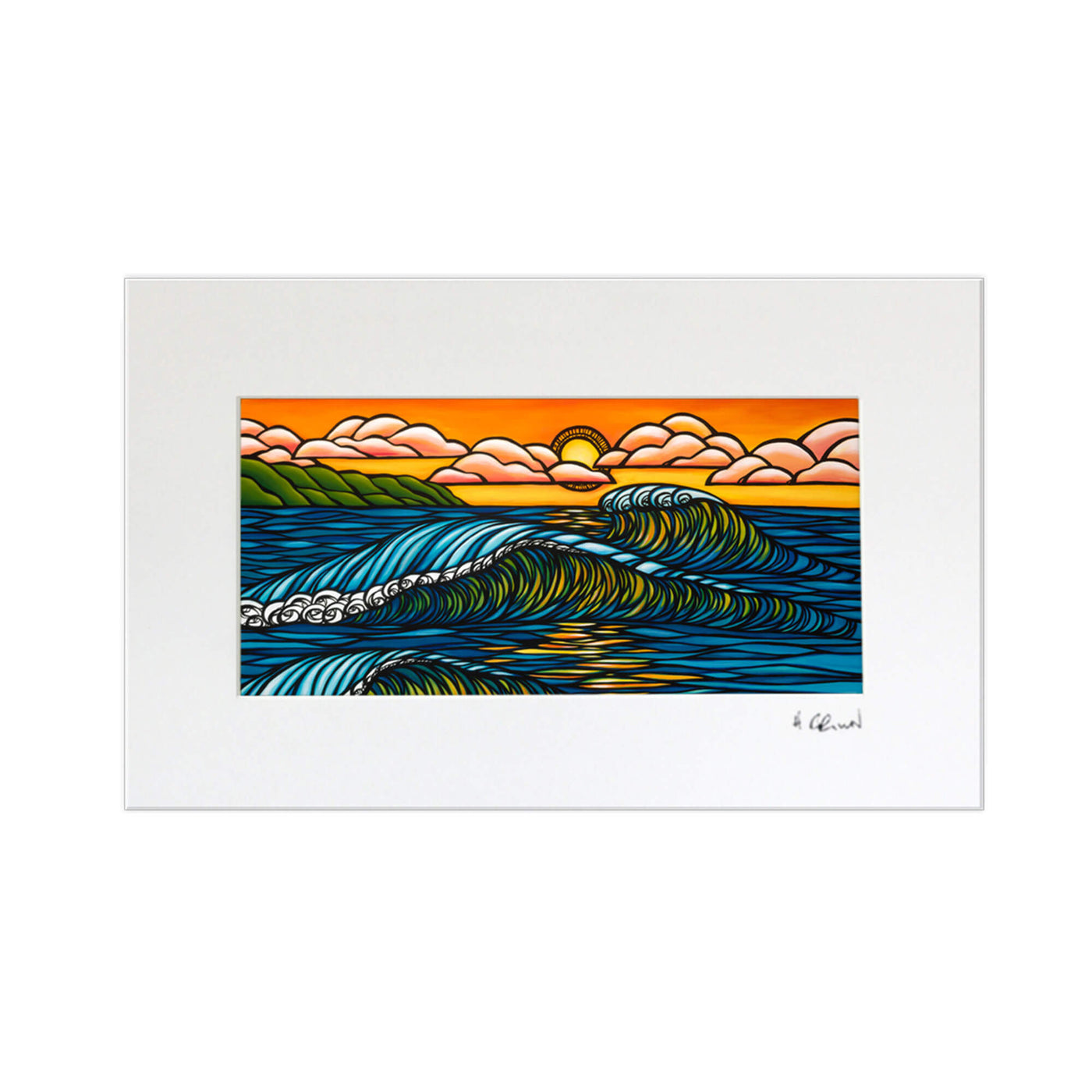 A matted art print featuring the sun sinking below the horizon at Haleiwa harbor, illuminating the rolling waves by Hawaii surf artist Heather Brown