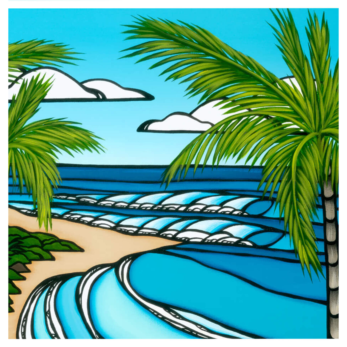 Close up details of artwork Hawaii Bungalow by Hawaii surf artist Heather Brown