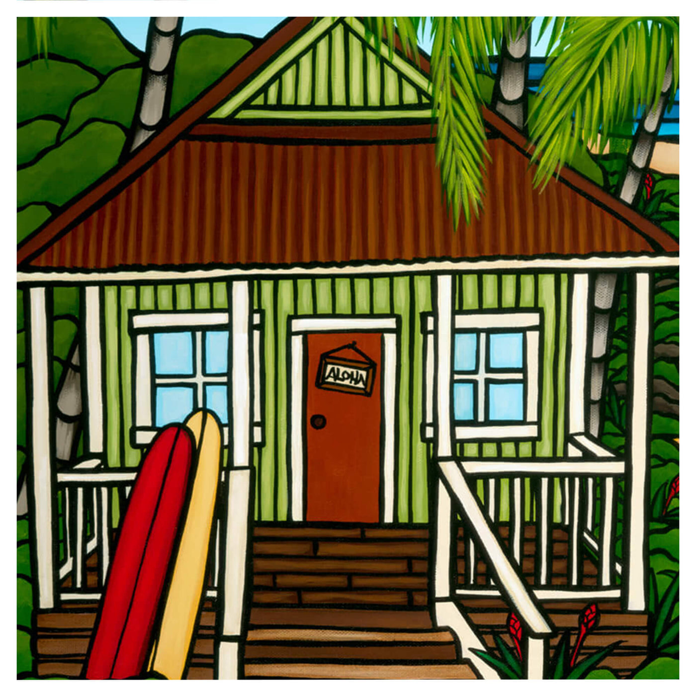 Close up details of artwork Hawaii Bungalow by Hawaii surf artist Heather Brown