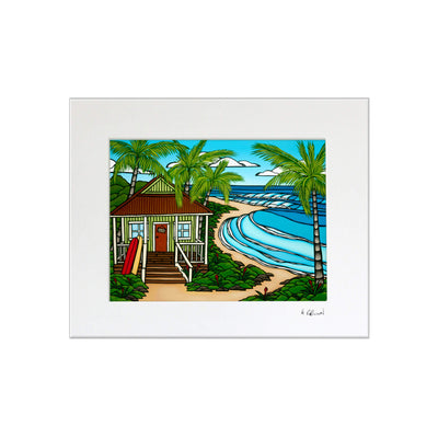 A matted art print featuring a dream Hawaii beach surf bungalow with perfect waves breaking in the backyard by Hawaii surf artist Heather Brown