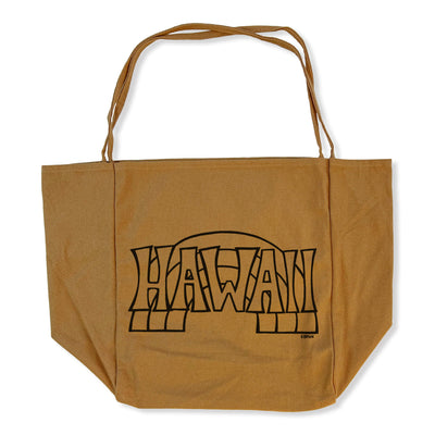 A brown thin handle tote bag featuring "Hawaii" in a classic type adorned with the Island's iconic rainbow by Hawaii surf artist Heather Brown