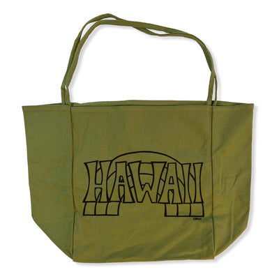 An olive thin handle tote bag featuring "Hawaii" in a classic type adorned with the Island's iconic rainbow by Hawaii surf artist Heather Brown
