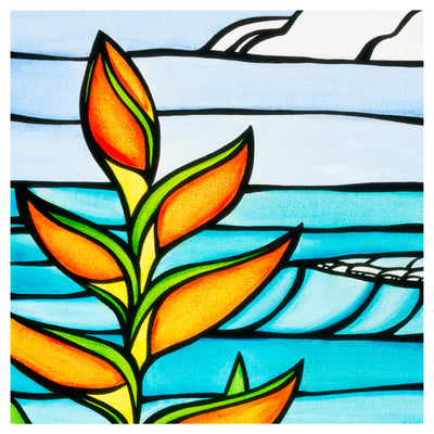 Close up details of artwork Heliconia Daydream by Hawaii artist Heather Brown