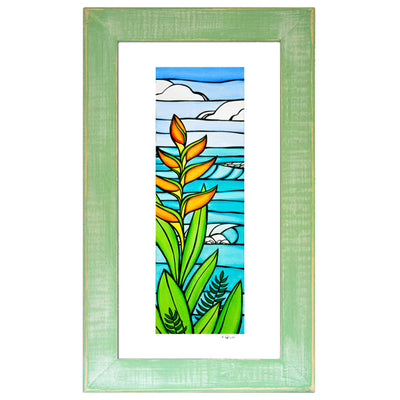 A framed matted art print featuring an idyllic view of the ocean framed by Heliconia flowers by Hawaii surf artist Heather Brown