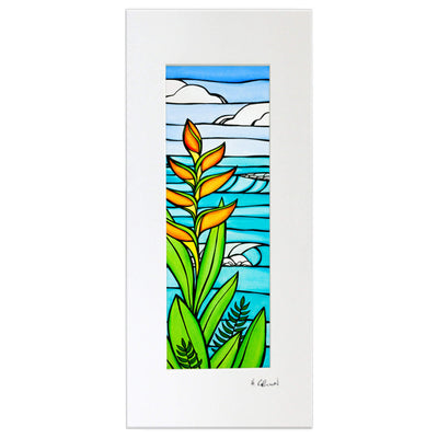 A matted art print featuring an idyllic view of the ocean framed by Heliconia flowers by Hawaii surf artist Heather Brown
