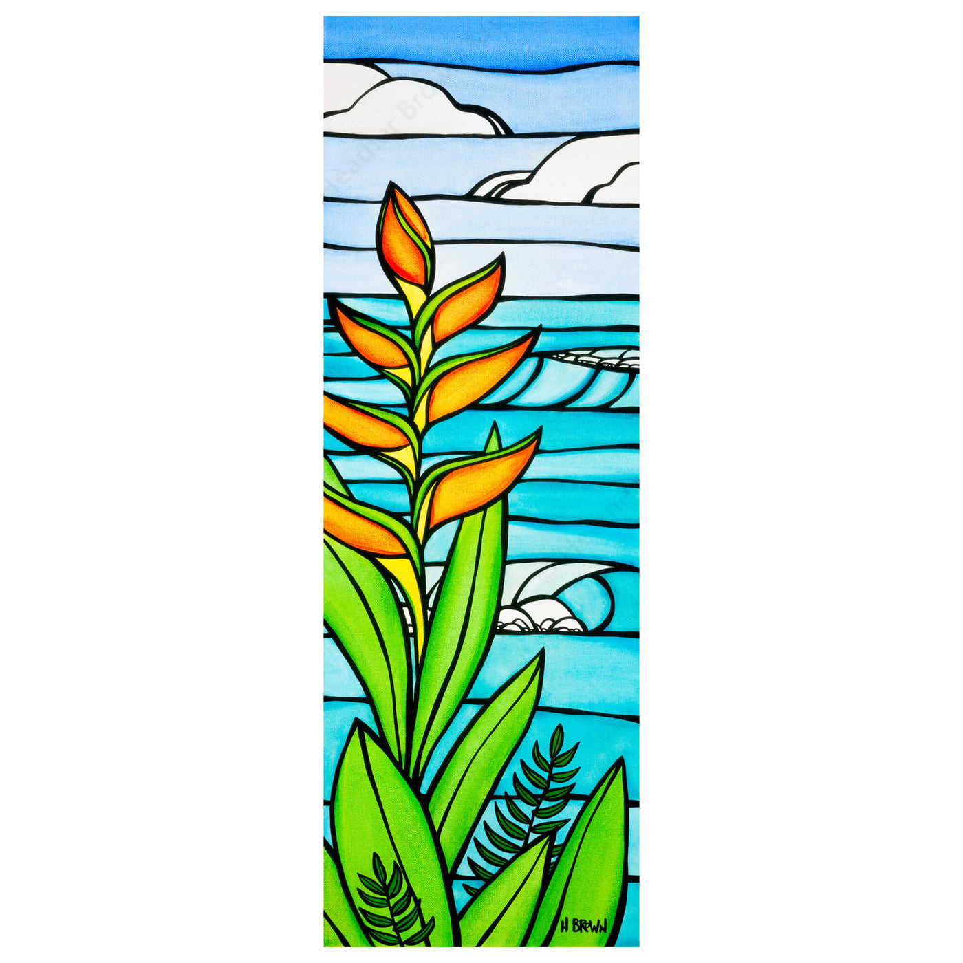 A matted art print featuring an idyllic view of the ocean framed by Heliconia flowers by Hawaii surf artist Heather Brown