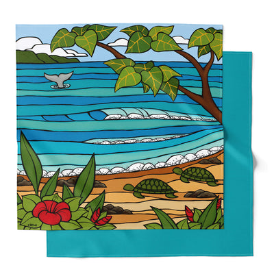 Vibrant colored furoshiki wrapping cloths featuring a beautiful seascape with two sea turtles on their way to the ocean by Hawaii surf artist Heather Brown