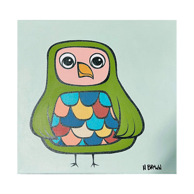 An acrylic painting on canvas featuring a colorful whimsical owl by Hawaii surf artist Heather Brown