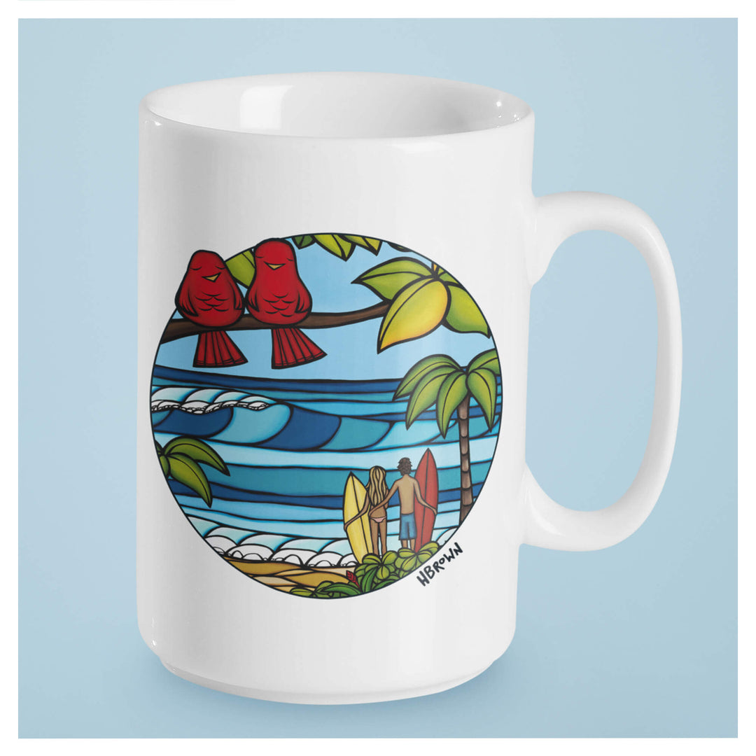 Love birds, a couple with surfboards, large crashing waves and coconut trees by Hawaii surf artist Heather Brown