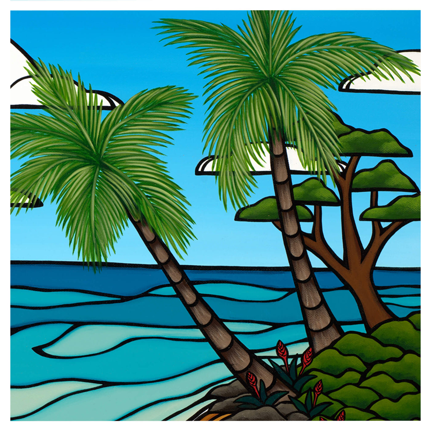 Coconut trees, red flowers and clear blue sky by Hawaii surf artist Heather Brown