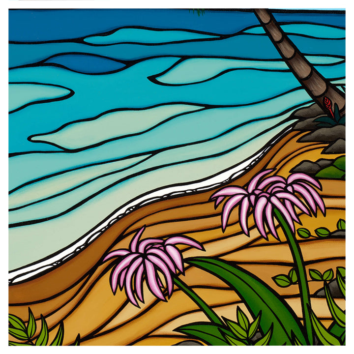 Pink flowers, crashing waves and teal ocean by Hawaii surf artist Heather Brown